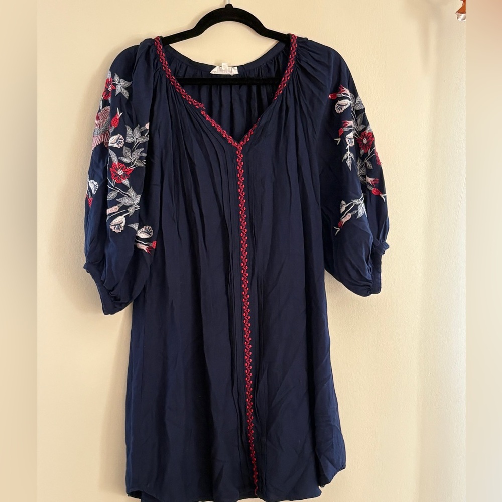 Solitaire Blue Embellished Blouse with Red Trim